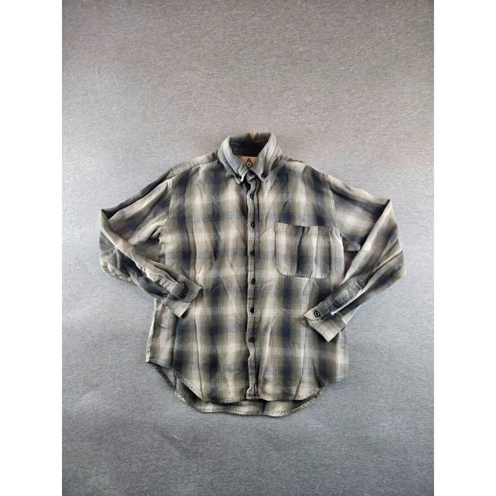 VTG UNIF Men's Small Plaid Flannel Chambray Blue & Beige‎ Button Up Grunge Woods